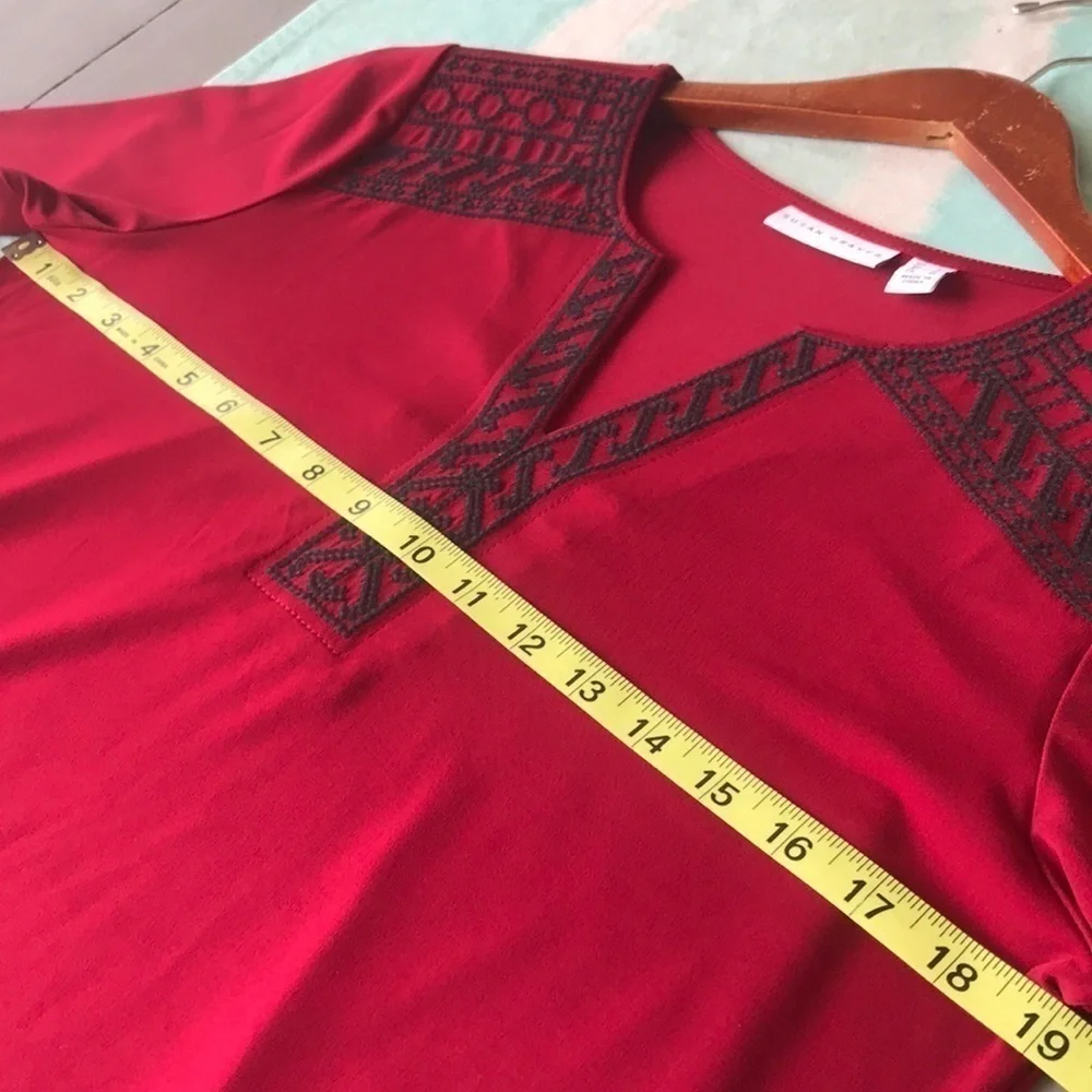 Susan Graver Red Embroidered V-Neck 3/4 Sleeve Stretch Top - Picture 6 of 8